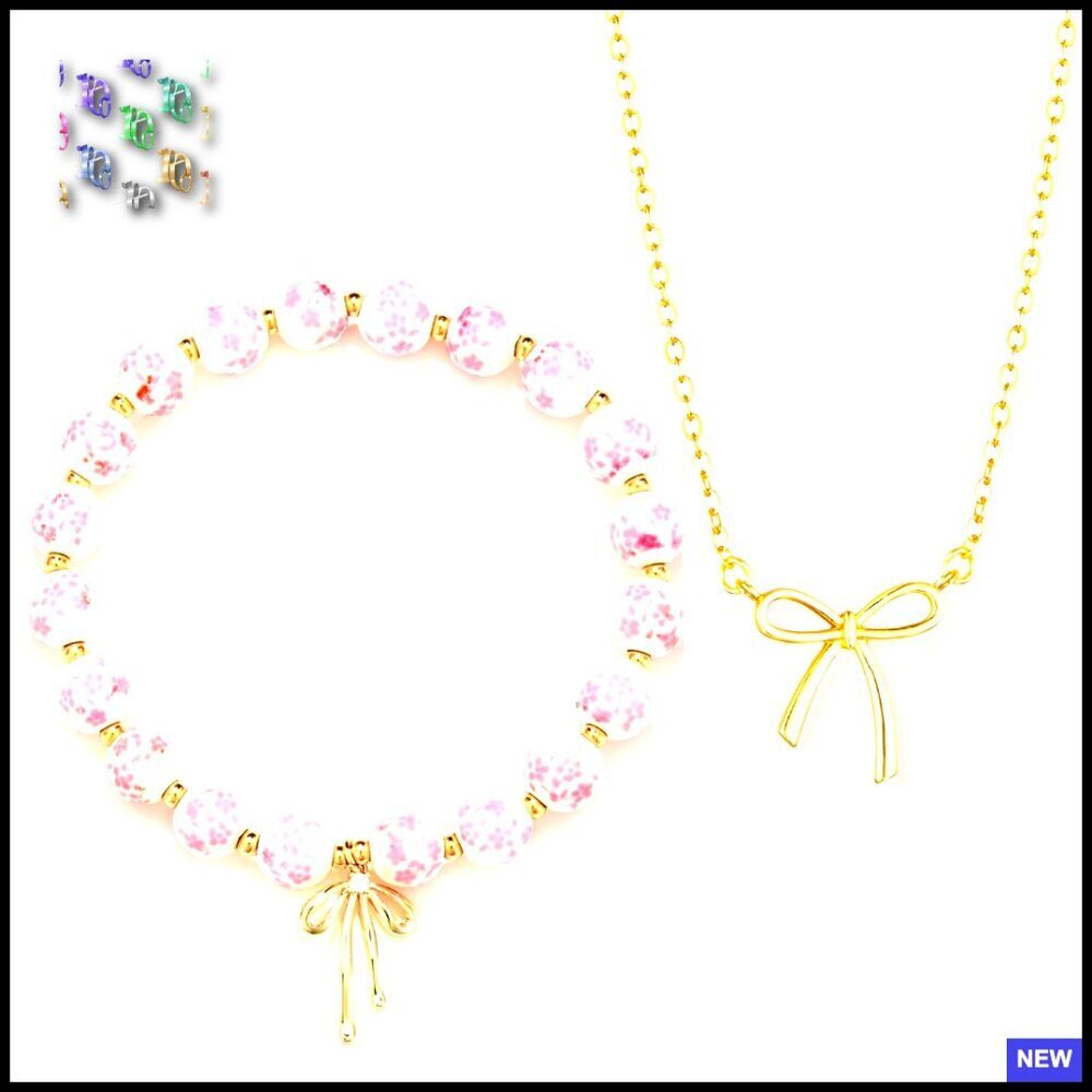 Dainty Bow Pendant Choker Set Gold Plated Beaded Bracelet Vintage Jewelry Gift